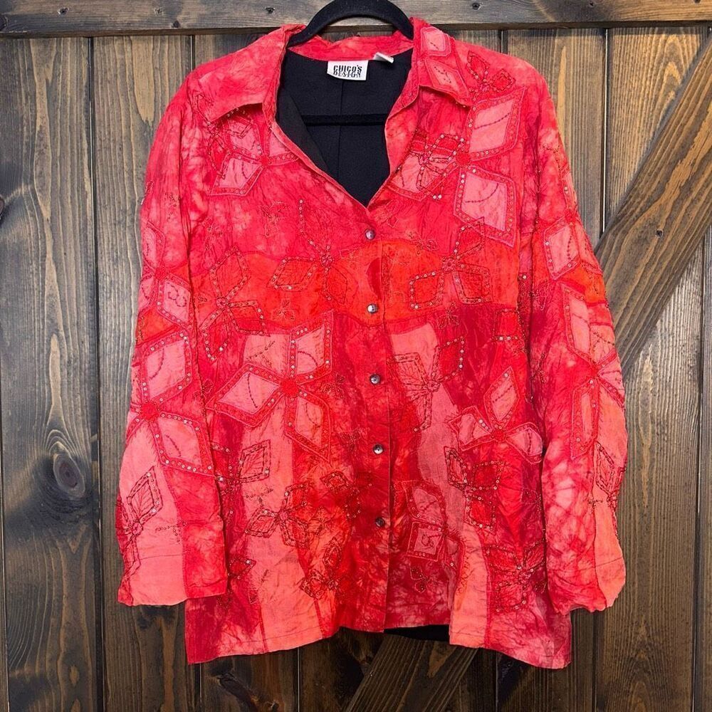 CHICO'S DESIGN Silk Windchime Beads Embroidery Top